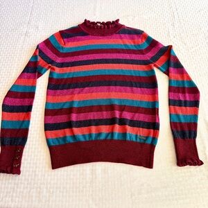 Joules Gabrielle Multistripe Metallic Knit Sweater Ruffle Neck Bee Buttons US 4